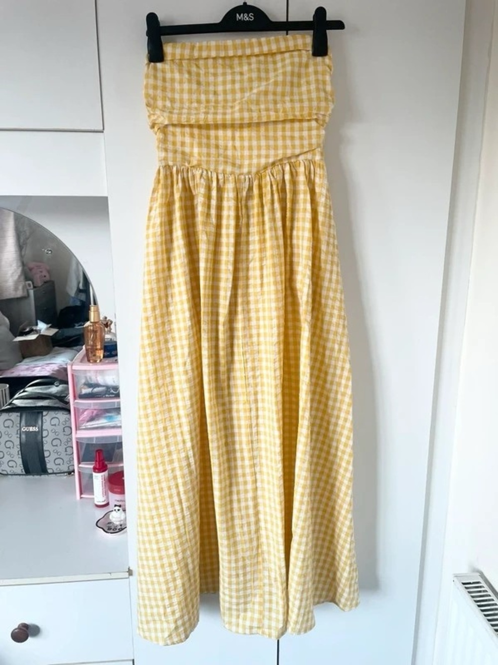 Stripless Yellow Gingham Strapless Maxi Dress